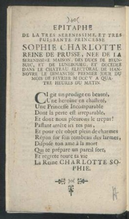 Epitaphe De La Tres Serenissime, Et Tres Puissante Princesse Sophie Charlotte Reine De Prusse, Nee De La ...