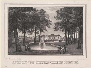 Dresden, Stadtansicht vom Zwingerwall nach Nordosten mit Japanischem Palais und Hotel Bellevue (Calberlasche Zuckersiederei), aus Sommers bzw. Schiffners Vaterland der Sachsen, 1. Band 1839