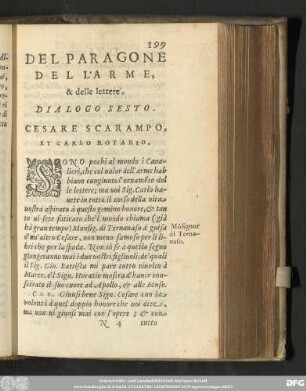 Del Paragone Del'Arme, & delle lettere. Dialogo Sesto. Cesare Scarampo, Et Carlo Rotario.