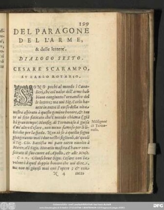 Del Paragone Del'Arme, & delle lettere. Dialogo Sesto. Cesare Scarampo, Et Carlo Rotario.