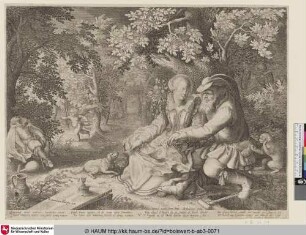 [Ungleiches Paar rechts im Vordergrund, der Tod zielt mit Pfeil und Bogen auf sie, Amor zielt auf einen schlafenden Mann im Hintergrund; An old man jesting witz a maid, a monkey taking money out of his pocket]