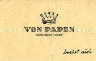 Handzettel im Layout einer imaginären Visitenkarte von Reichskanzler von Papen mit Polemik gegen die NSDAP-freundliche Haltung des Adels