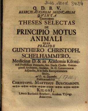 Exercitationum Medicarum Qvinta [Quinta] Continens Theses Selectas De Principio Motus Animali