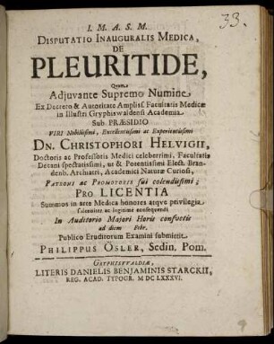 Disputatio Inauguralis Medica, De Pleuritide