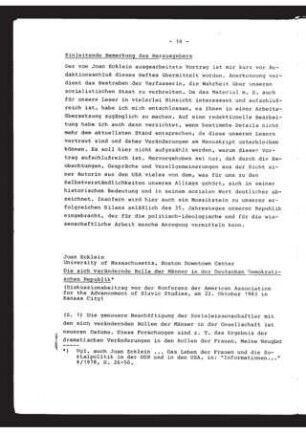 Die sich verändernde Rolle der Männer in der Deutschen Demokratischen Republik : Diskussionsbeitrag vor der Konferenz der American Association for the Advancement of Slavic Studies, am 22.10-1983 in Kansas City