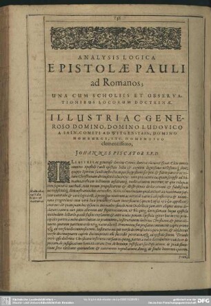 Analysis Logica Epistolae Pauli ad Romanos; Una Cum Scholiis Et Observationibus Locorum Doctrinae