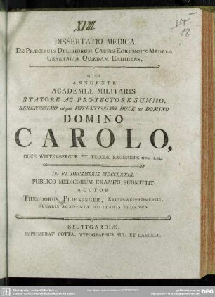 Dissertatio Medica De Praecipuis Deliriorum Causis Eorumque Medela Generalia Quaedam Exhibens