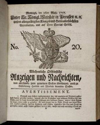 No. 20. Montags, den 16ten Maji, 1757.