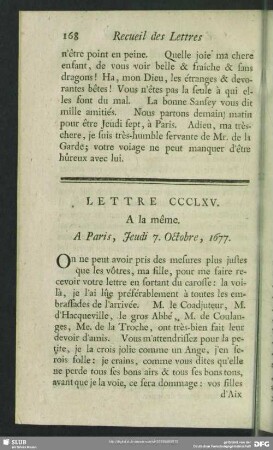 Lettre CCCLXV. A la même. A Paris, Jeudi 7. Octobre, 1677