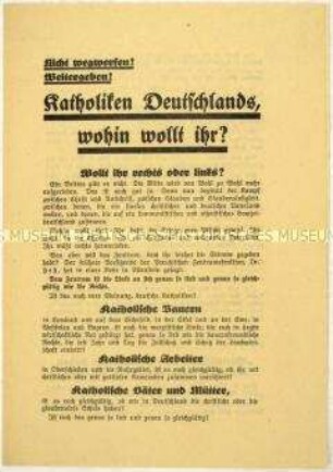 Flugschrift der Deutschnationalen Volkspartei gegen die Zentrumspartei und Aufruf an Katholiken zur Reichstagswahl am 6. November 1932