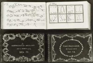 Bände aus der Sammlung von Kontretänzen : Drei Bände aus der Sammlung von Kontretänzen für den Privatgebrauch des sächsischen Kurfürstenhauses, 1767 Nr. II (aufgeschlagen: li. Seite Notenbild, re. Seite Choreographie), 1777 Nr. IV, 1802 Nr. VII (Vorderseiten). Dresden: SLUB Mus. 1-N-4