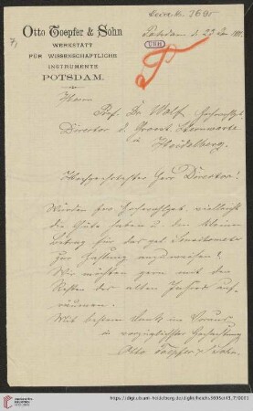 Briefe von Otto Toepfer an Max Wolf: Brief von Otto Toepfer von Werkstätten für Wissenschaftliche Instrumente Otto Toepfer & Sohn (Potsdam) an Max Wolf