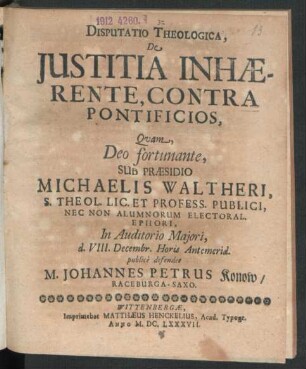 Disputatio Theologica, De Iustitia Inhaerente, Contra Pontificios