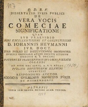 Dissertatio Ivris Pvblici De Vera Vocis Comeciae Significatione