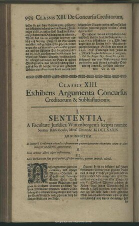 Classis XIII. Exhibens Argumenta Concursus Creditorum & Subhastationis