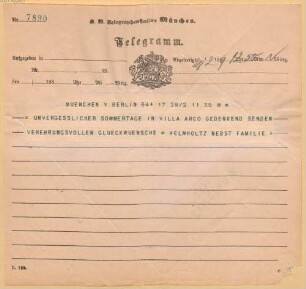 Nachlass von Johann Joseph Ignaz Döllinger (1799-1890): Telegramm von Hermann von Helmholtz an Ignaz von Döllinger - BSB Döllingeriana II. Helmholtz, Hermann von