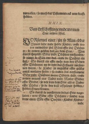 XXIX. Van Erffschifftinge unde wo men Erue nemen schal.