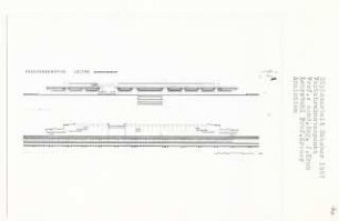 Verkehrsknotenpunkt, Essen-Leithe (Diplomarbeit bei Bernhard Hermkes): Südansicht Bahnhofsgebäude und Ansicht 1:500