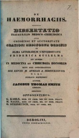 De haemorrhagiis : diss. inaug. med. chir.