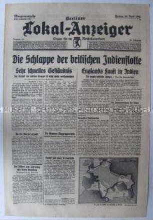 Tageszeitung "Berliner Lokal-Anzeiger" u.a. über die Verluste der britischen Flotte im Indischen Ozean