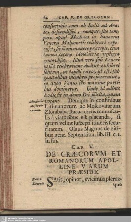 Cap. V. De Graecorum Et Romanorum Apolline Viarum Praeside