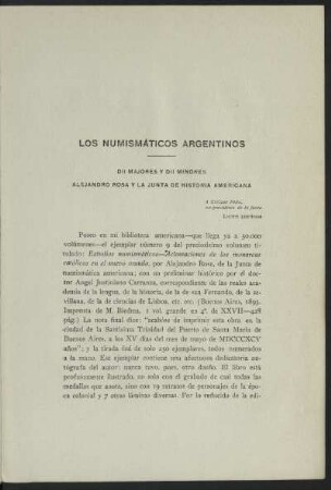 Los numismáticos argentinos - Dii majores y dii minores Alejandro Rosa y la junta de historia americana