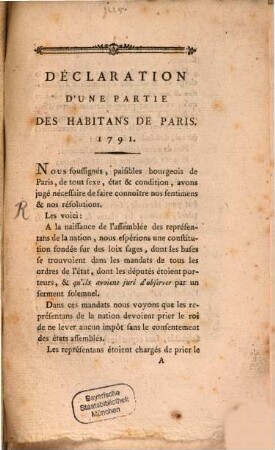 Declaration d'une partie des habitans de Paris
