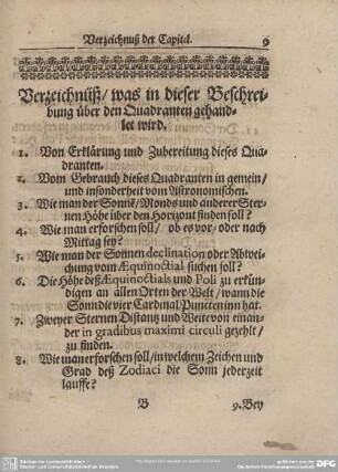 Verzeichnüß/was in dieser Beschreibung über den Quadranten gehandlet wird.