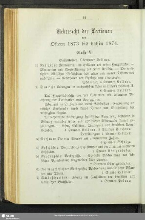 Uebersicht der Lectionen von Ostern 1873 bis dahin 1874