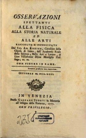 Osservazioni spettanti alla fisica, alla storia naturale ed alle arti. 1771, Okt.