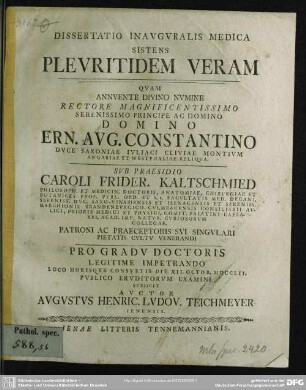 Dissertatio Inauguralis Medica Sistens Pleuritidem Veram