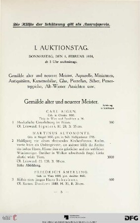 I. Auktionstag: Donnerstag, den 1. Februar 1934, ab 3 Uhr nachmittags (Nr. 1-224)