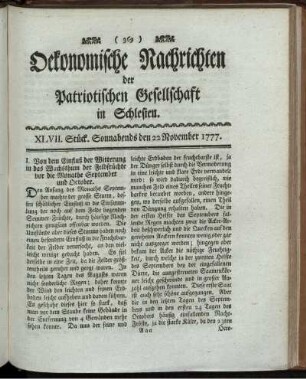 XLVII. Stück. Sonnabends den 22 November 1777.