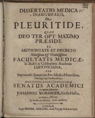 Dissertatio Medica Inauguralis, De Pleuritide