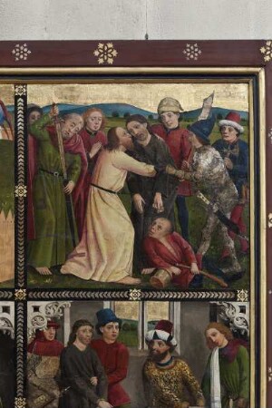 Passionsaltar — Passion und Auferstehung Christi — Linker Flügel: Vor der Kreuzigung — Judaskuss und Gefangennahme Christi