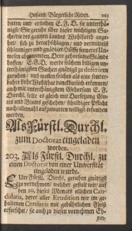 Als Fürstl. Durchl. zum Doctorat eingeladen worden. 203. - 205.