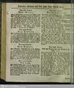 Calender-Anhang auf das Jahr Jesu Christi 1807
