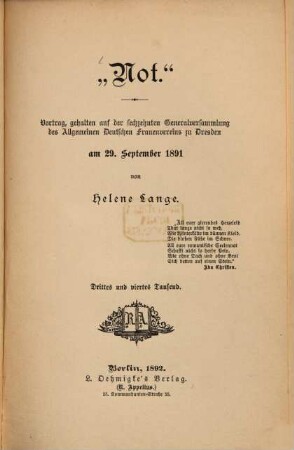 "Not" : Vortrag, gehalten auf der 16. Generalversammlung des Allgemeinen Deutschen Frauenvereins zu Dresden am 29. Sept. 1891