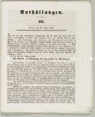 Flugschrift "Enthüllungen" Teil III, herausgegeben vom Verein zur Wahrung der Interessen der Provinzen; Berlin, 19. Jan. 1849