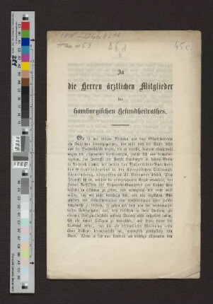 An die ärztlichen Mitglieder des hamburgischen Gesundheitsrathes.
