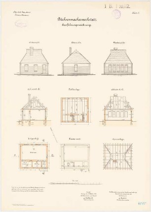 Pionierkaserne, Graudenz Büchsenmacherwerkstatt: Grundriss Fundamente, Erdgeschoss, Sparrenlage, Dachbalkenlage, Aufriss Nordansicht, Südansicht und Ostansicht, Längsschnitt, Querschnitt 1:100