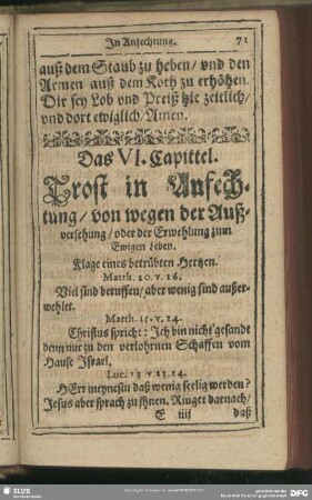 Das VI. [V.] Capittel. Trost in Anfechtung, von wegen der Außversehung, oder der Erwehlung zum Ewigen Leben