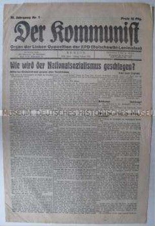 Links-sektiererische Wochenzeitung "Der Kommunist" zur proletarischen Einheitsfront gegen den Faschismus