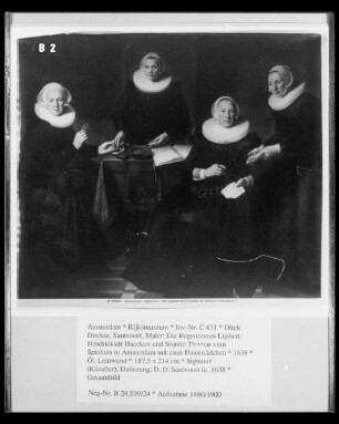 Die Regentinnen Lijsbert Hendricksdr Haecken und Stijntie Thomas vom Spinhuis in Amsterdam mit zwei Hausmädchen