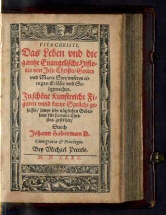 VITA CHRISTI,|| Das Leben vnd die || gantze Euangelische Histo=||ria von Jesu Christo/ Gottes || vnd Marie Son/ vnserm ei=||nigen Erlœser vnd Se=||ligmacher.|| Jn schœne Kunstreiche Fi=||guren vnnd kurtze Sprüche ge=||fasset/ sampt sehr nützlichen Gebet=||lein/ für fromme Chri=||sten gestellet/ || Durch || Johann Haberman D.||