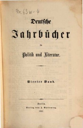 Deutsche Jahrbücher für Politik und Literatur. 4. 1862