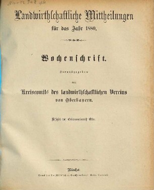 Landwirthschaftliche Mittheilungen : für das Jahr ... ; Wochenschrift. 15. 1880