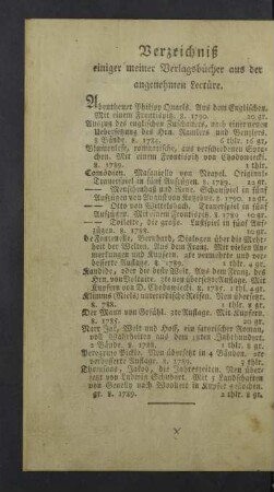 Verzeichniß einiger meiner Verlagsbücher aus der angenehmen Lectüre.