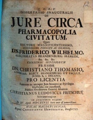 Dissertatio Inauguralis De Jure Circa Pharmacopolia Civitatum