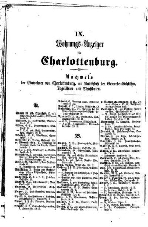Nachweis der Einwohner von Charlottenburg, mit Ausschluß der Gewerbe= Gehülfen, Tagelöhner und Dienstboten